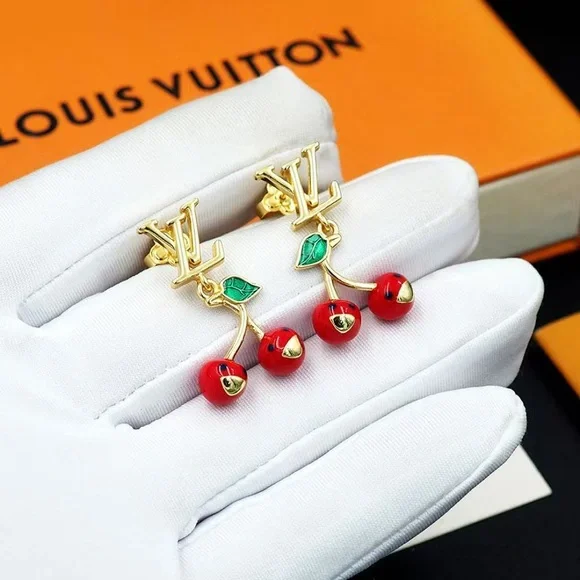 Louis Vuitton Gold Earrings with Red Cherries - Picture 9 of 9